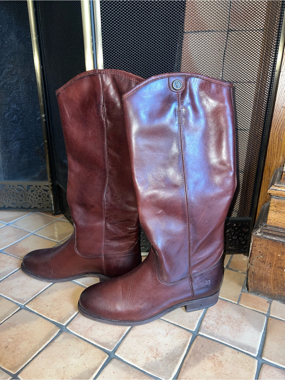 Frye Tall Leather Riding Boots in Burgundy Brown